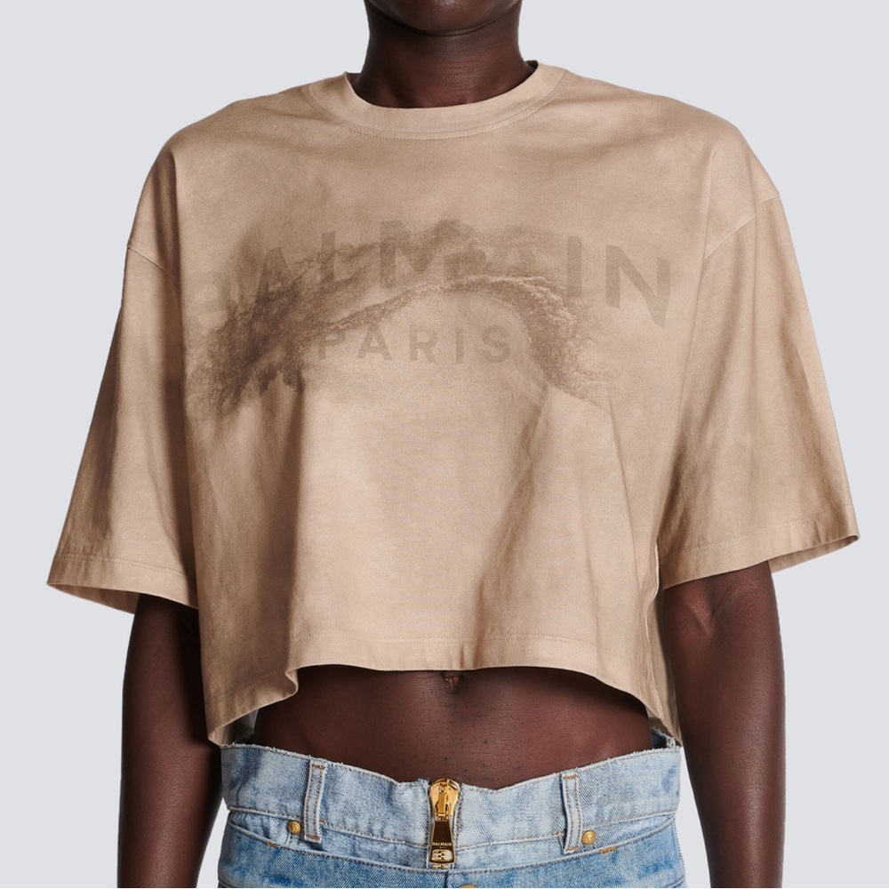 NWT Balmain Eco-responsible cropped cotton T-shirt with Balmain logo print